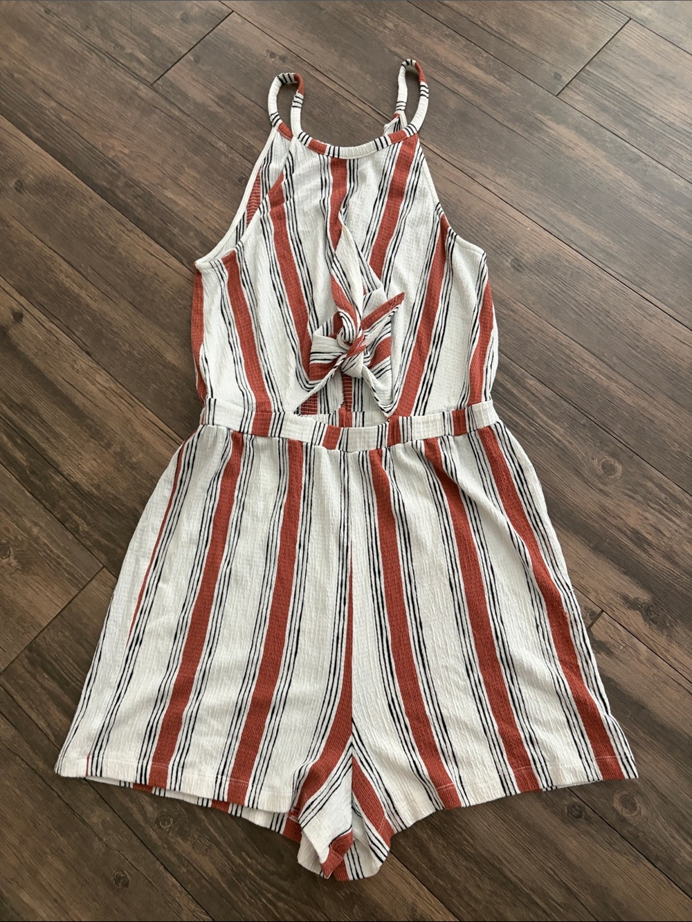 Love Tree Rust and White Striped Knot-Front Romper